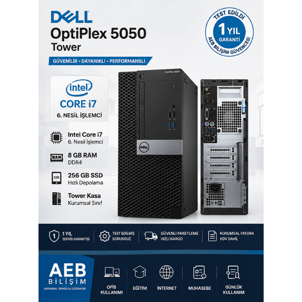 Dell OptiPlex 5050 Tower Intel i7-6700 8 RAM 256 SSD Masaüstü Bilgisayar – İkinci EL