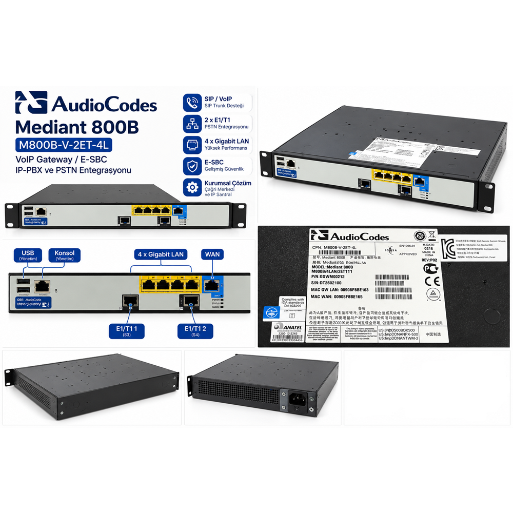 AudioCodes Mediant 800B M800B-V-2ET-4L 2x E1/T1 VoIP Gateway Switch - İkinci EL