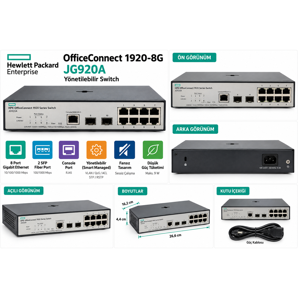 HPE OfficeConnect 1920-8G JG920A 8 Port Gigabit 2 SFP Switch - İkinci EL