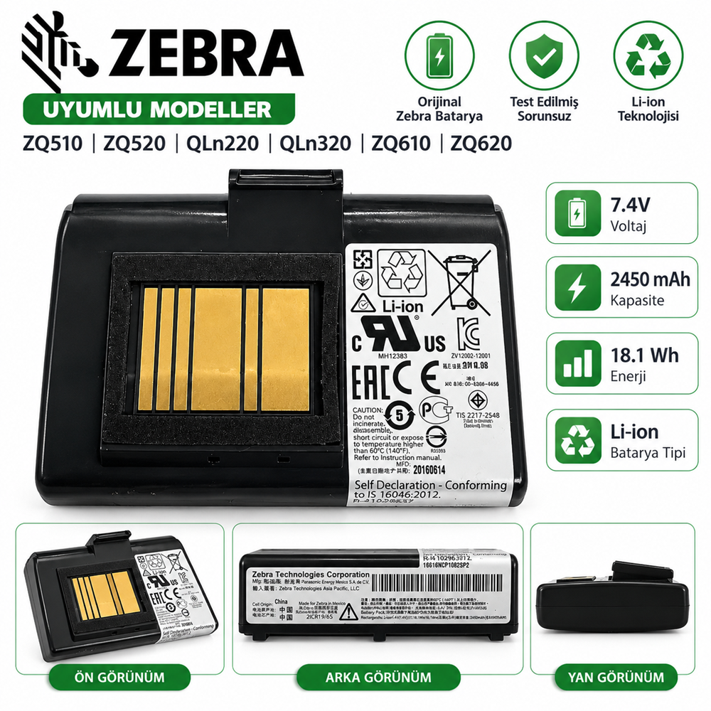 Zebra ZQ510 ZQ520 QLn220 QLn320 7.4V 2450mAh 18.1Wh Orijinal Batarya – İkinci EL