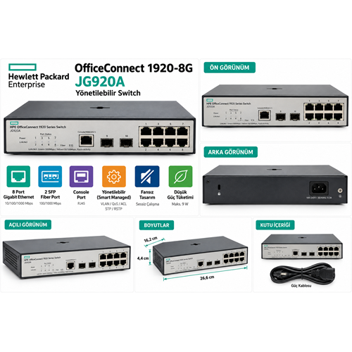 HPE OfficeConnect 1920-8G JG920A 8 Port Gigabit 2 SFP Switch - İkinci EL