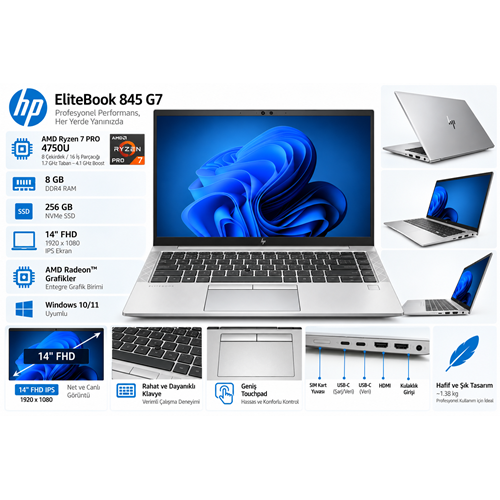 HP Elitebook 845 G7 AMD Ryzen 7 Pro 4750U 8 Ram 256 SSD 14