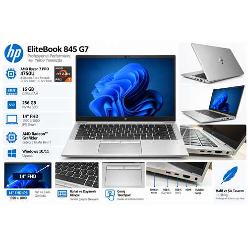 HP Elitebook 845 G7 AMD Ryzen 7 Pro 4750U 16 Ram 256 SSD 14