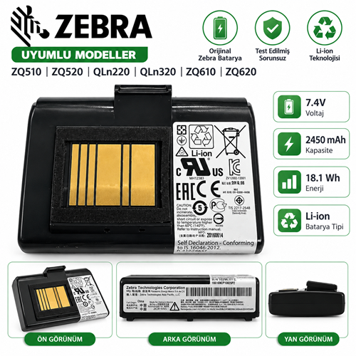 Zebra ZQ510 ZQ520 QLn220 QLn320 7.4V 2450mAh 18.1Wh Orijinal Batarya – İkinci EL