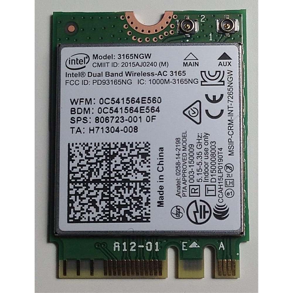 Intel 3165NGW Dual Band Wi-Fi + Bluetooth 4.0 Kablosuz Ağ Kartı – M.2 NGFF